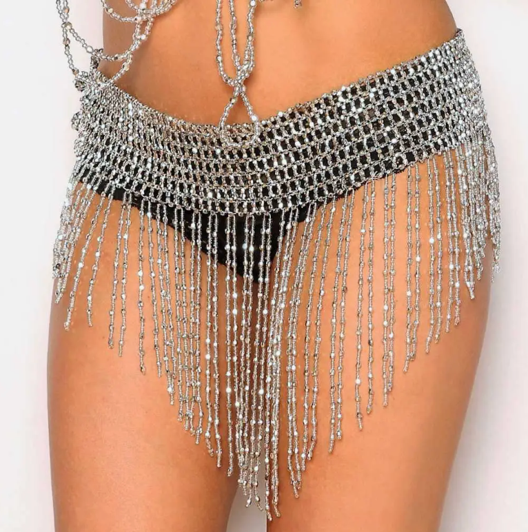 Western Fashion Belt Beaded Fringed - Silver