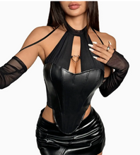 Load image into Gallery viewer, Tourtiwi Sexy Pu Leather Stitching Mesh Oversleeve Halter Lace-Up Top
